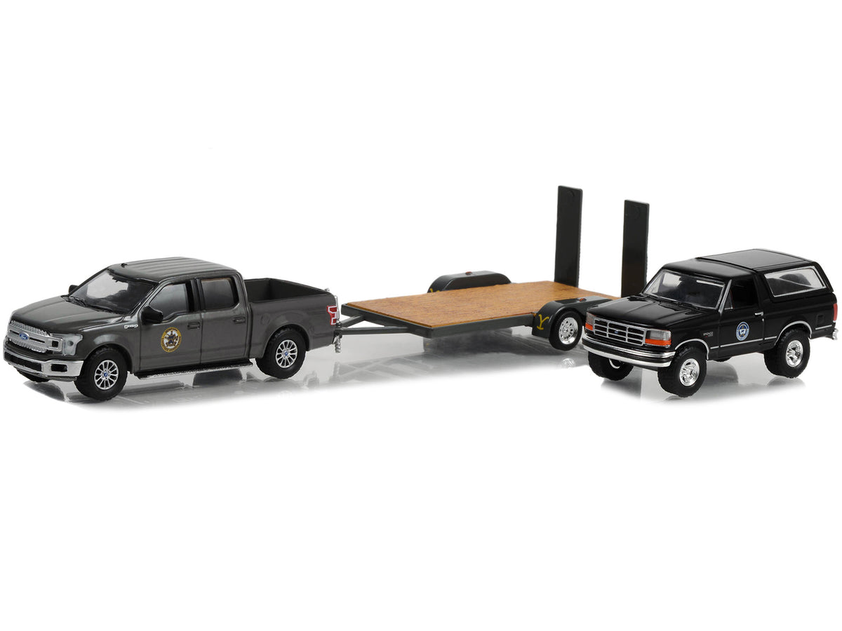 2018 Ford F-150 Pickup Truck Gray with 1992 Ford Bronco "Montana Livestock Association" Black and Flatbed Car Trailer "Yellowstone" (2018-Current) TV Series "Hollywood Hitch & Tow" Series 11 1/64 Diecast Model Cars