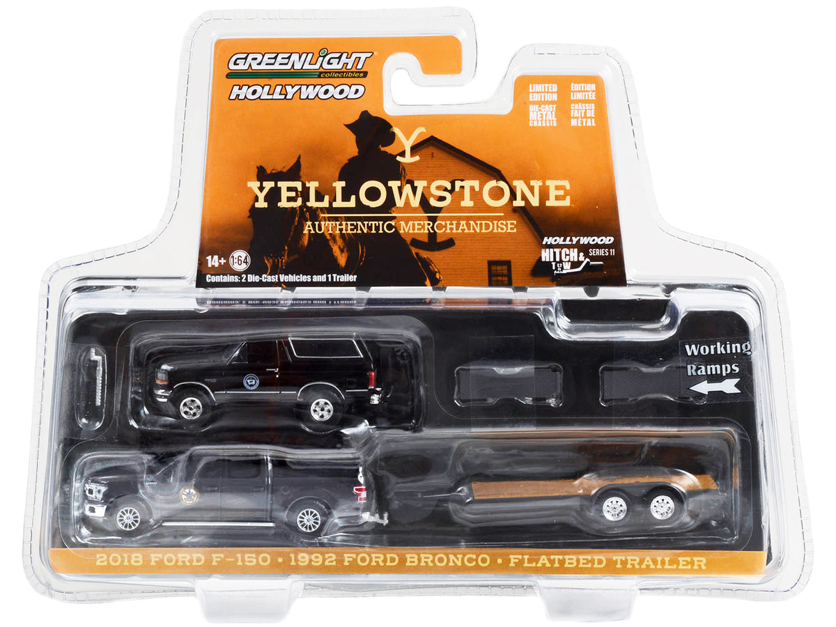2018 Ford F-150 Pickup Truck Gray with 1992 Ford Bronco "Montana Livestock Association" Black and Flatbed Car Trailer "Yellowstone" (2018-Current) TV Series "Hollywood Hitch & Tow" Series 11 1/64 Diecast Model Cars