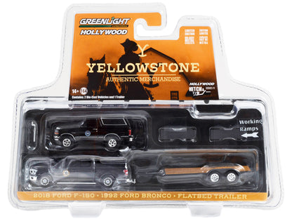 2018 Ford F-150 Pickup Truck Gray with 1992 Ford Bronco "Montana Livestock Association" Black and Flatbed Car Trailer "Yellowstone" (2018-Current) TV Series "Hollywood Hitch & Tow" Series 11 1/64 Diecast Model Cars