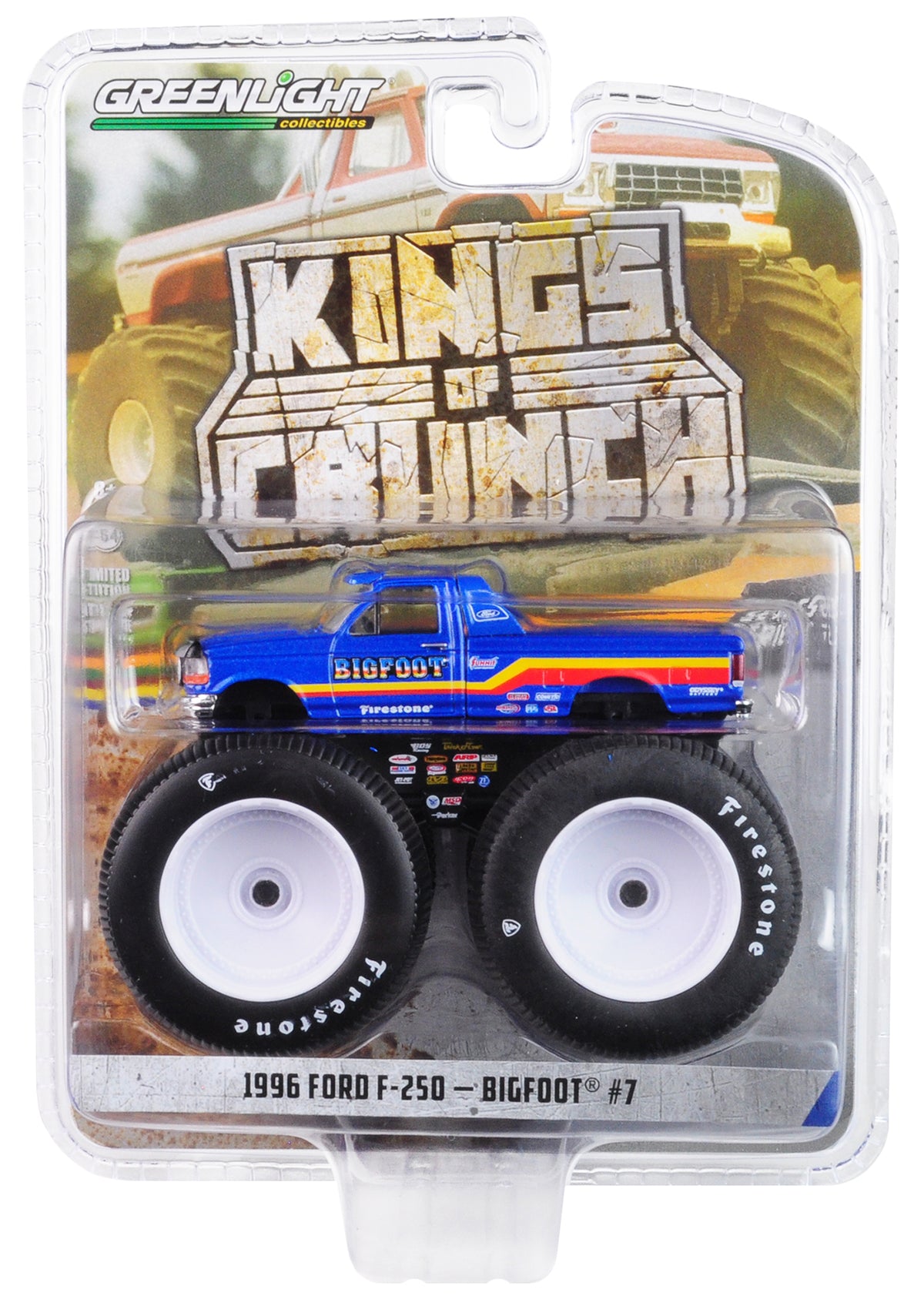 1996 Ford F-250 Monster Truck "Bigfoot #7" Metallic Blue with Stripes "Kings of Crunch" Series 5 1/64 Diecast Model Car