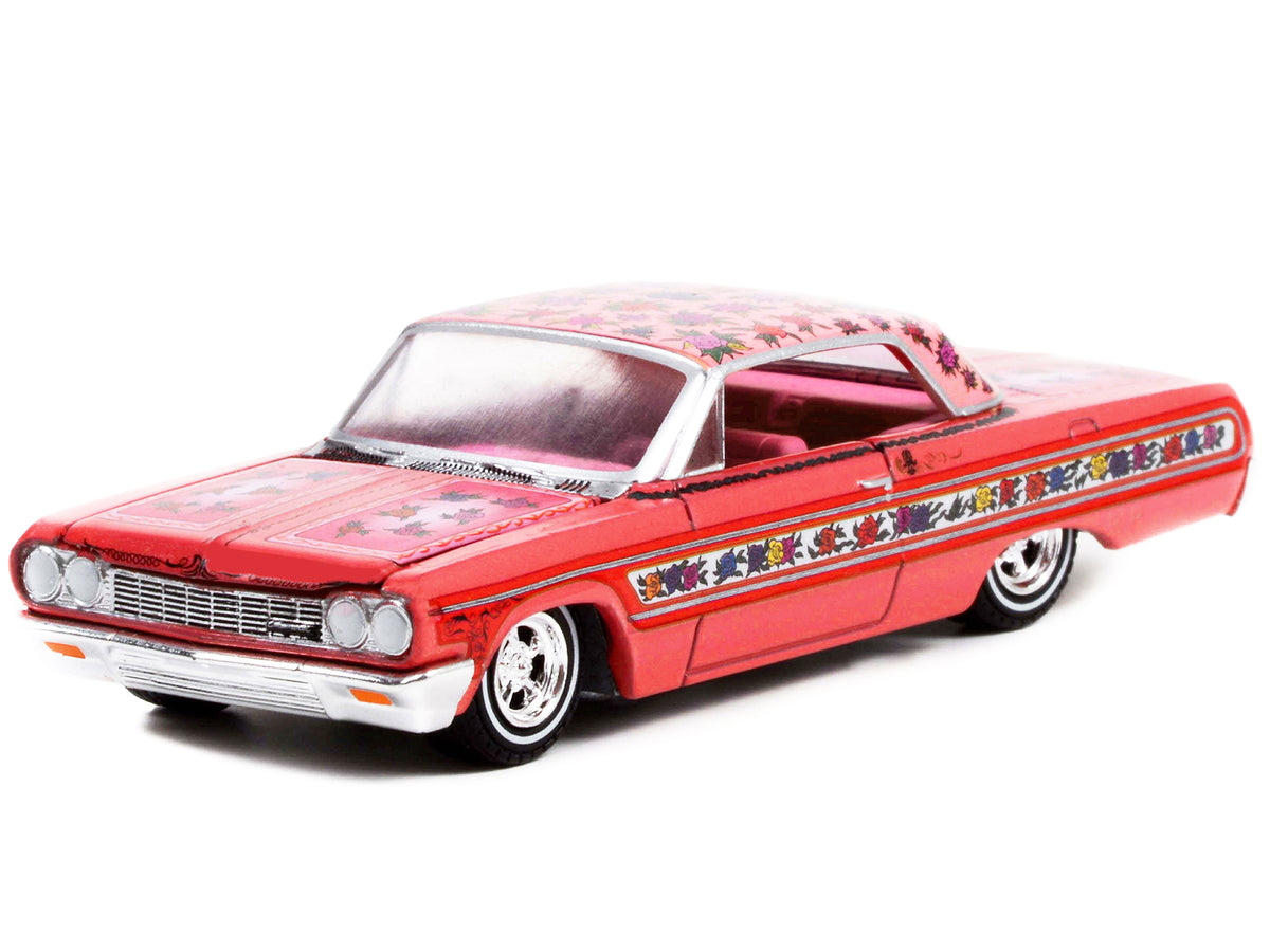 1964 Chevrolet Impala Lowrider Pink Metallic with Rose Graphics and Pink Interior "California Lowriders" Release 1 1/64 Diecast Model Car