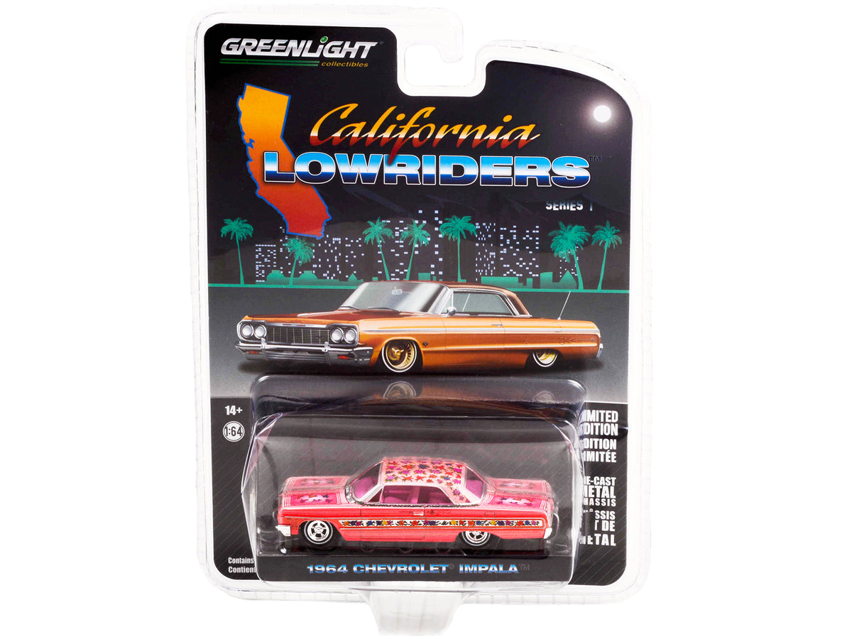 1964 Chevrolet Impala Lowrider Pink Metallic with Rose Graphics and Pink Interior "California Lowriders" Release 1 1/64 Diecast Model Car
