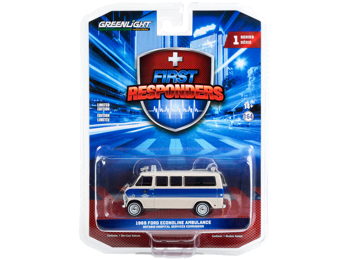 1969 Ford Econoline Ambulance Beige with Blue Stripes "Ontario Hospital Services Commission Ontario Canada" "First Responders" Series 1 1/64 Diecast Model Car