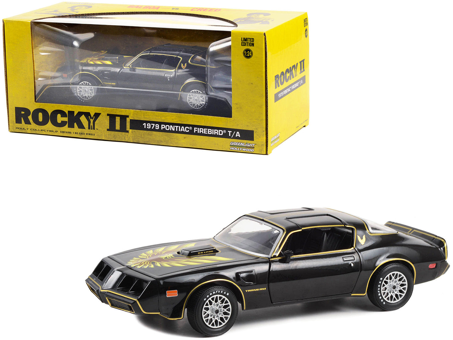 1979 Pontiac Firebird T/A Trans Am Black with Hood Phoenix "Rocky II" (1979) Movie 1/24 Diecast Model Car