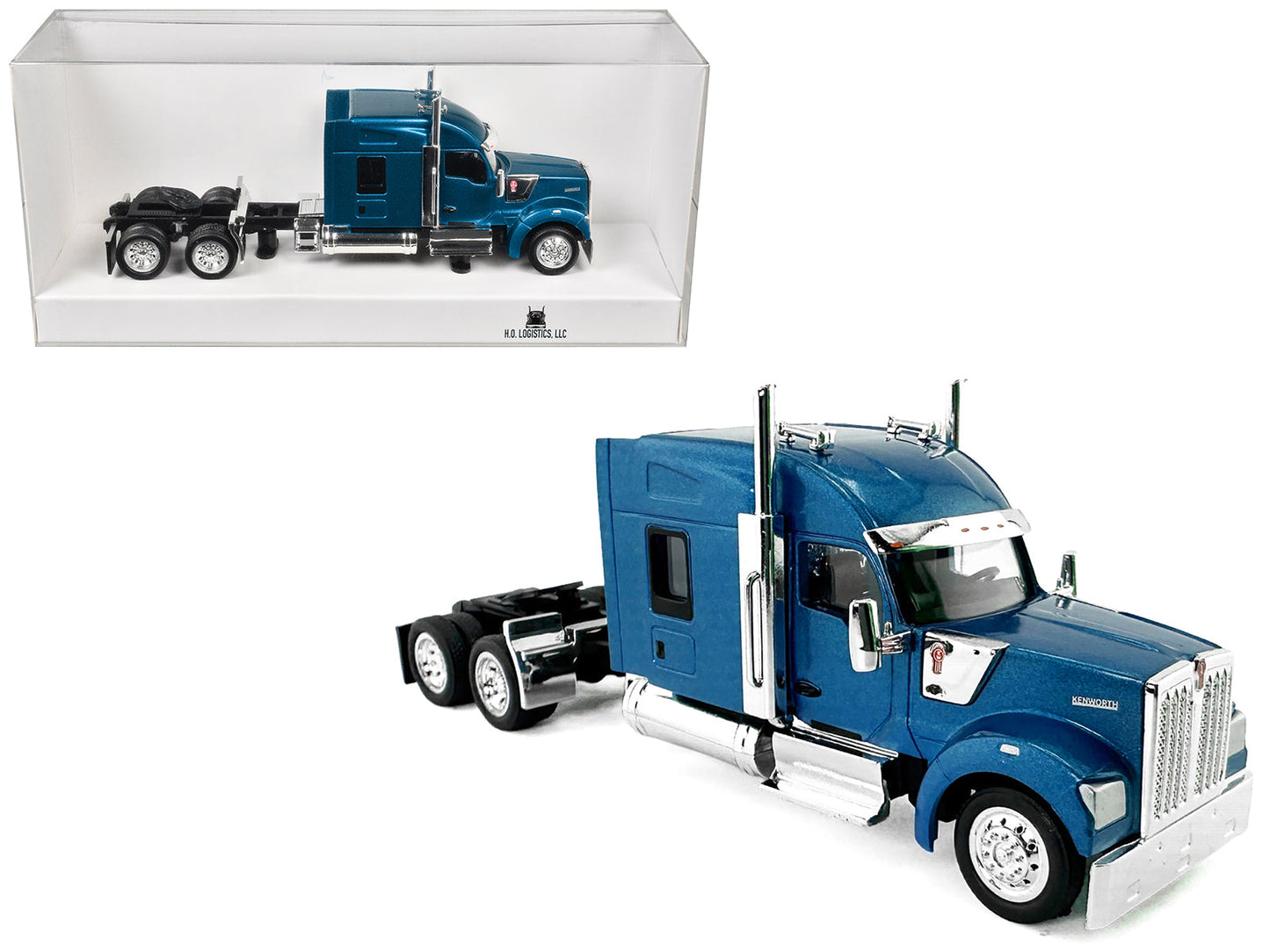 Kenworth W990 with Stand Up Sleeper Cab Blue Metallic 1/87 (HO) Plastic Model Car