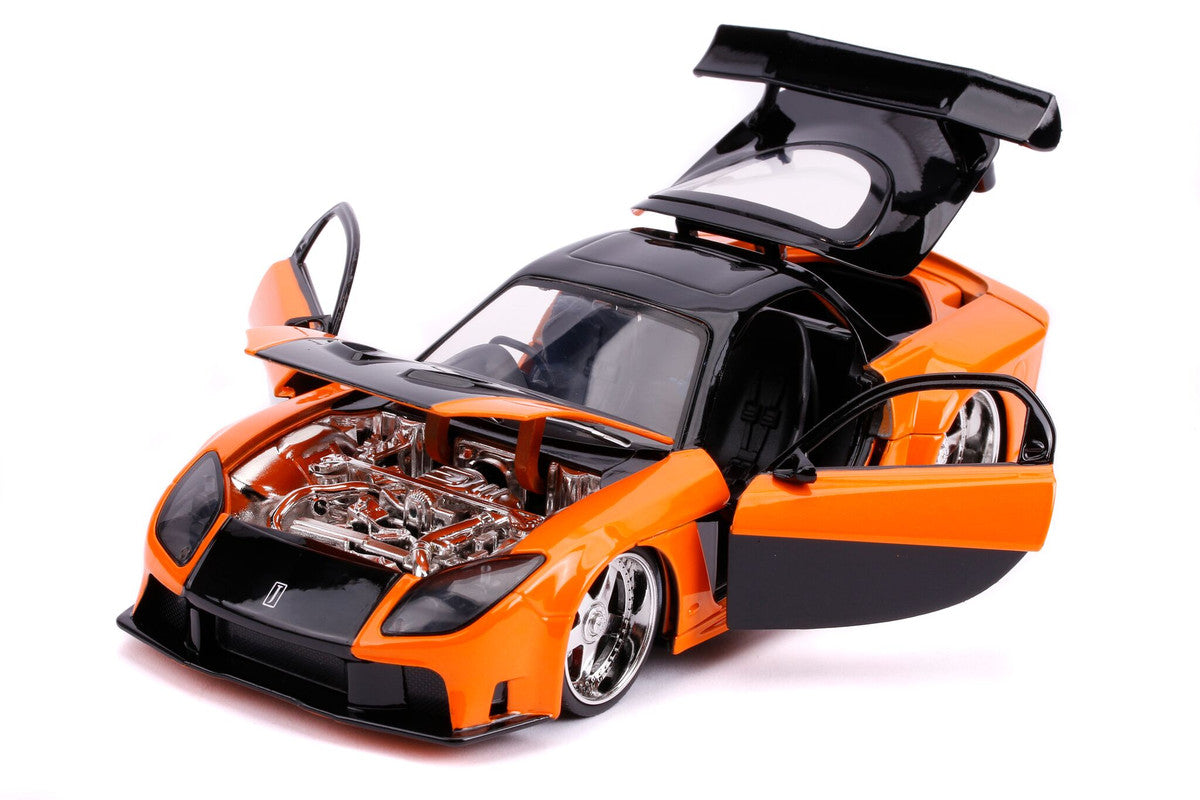Han's Mazda RX-7 RHD (Right Hand Drive) Orange and Black "The Fast and the Furious: Tokyo Drift" (2006) Movie "25 Years of Fast & Furious" Series 1/24 Diecast Model Car