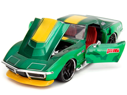 1969 Chevrolet Corvette Stingray ZL1 Green Metallic with Yellow Stripes and Cammy Diecast Figure "Street Fighter" Video Game "Anime Hollywood Rides" Series 1/24 Diecast Model Car