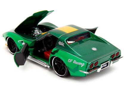 1969 Chevrolet Corvette Stingray ZL1 Green Metallic with Yellow Stripes and Cammy Diecast Figure "Street Fighter" Video Game "Anime Hollywood Rides" Series 1/24 Diecast Model Car