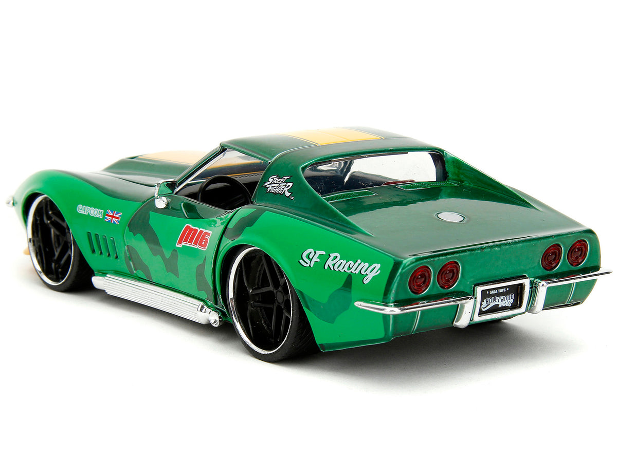 1969 Chevrolet Corvette Stingray ZL1 Green Metallic with Yellow Stripes and Cammy Diecast Figure "Street Fighter" Video Game "Anime Hollywood Rides" Series 1/24 Diecast Model Car