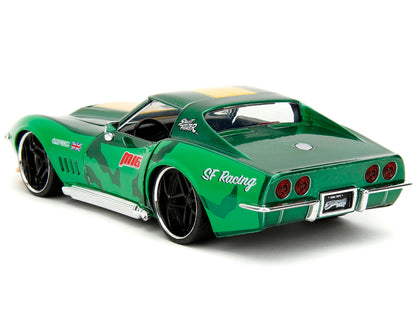 1969 Chevrolet Corvette Stingray ZL1 Green Metallic with Yellow Stripes and Cammy Diecast Figure "Street Fighter" Video Game "Anime Hollywood Rides" Series 1/24 Diecast Model Car