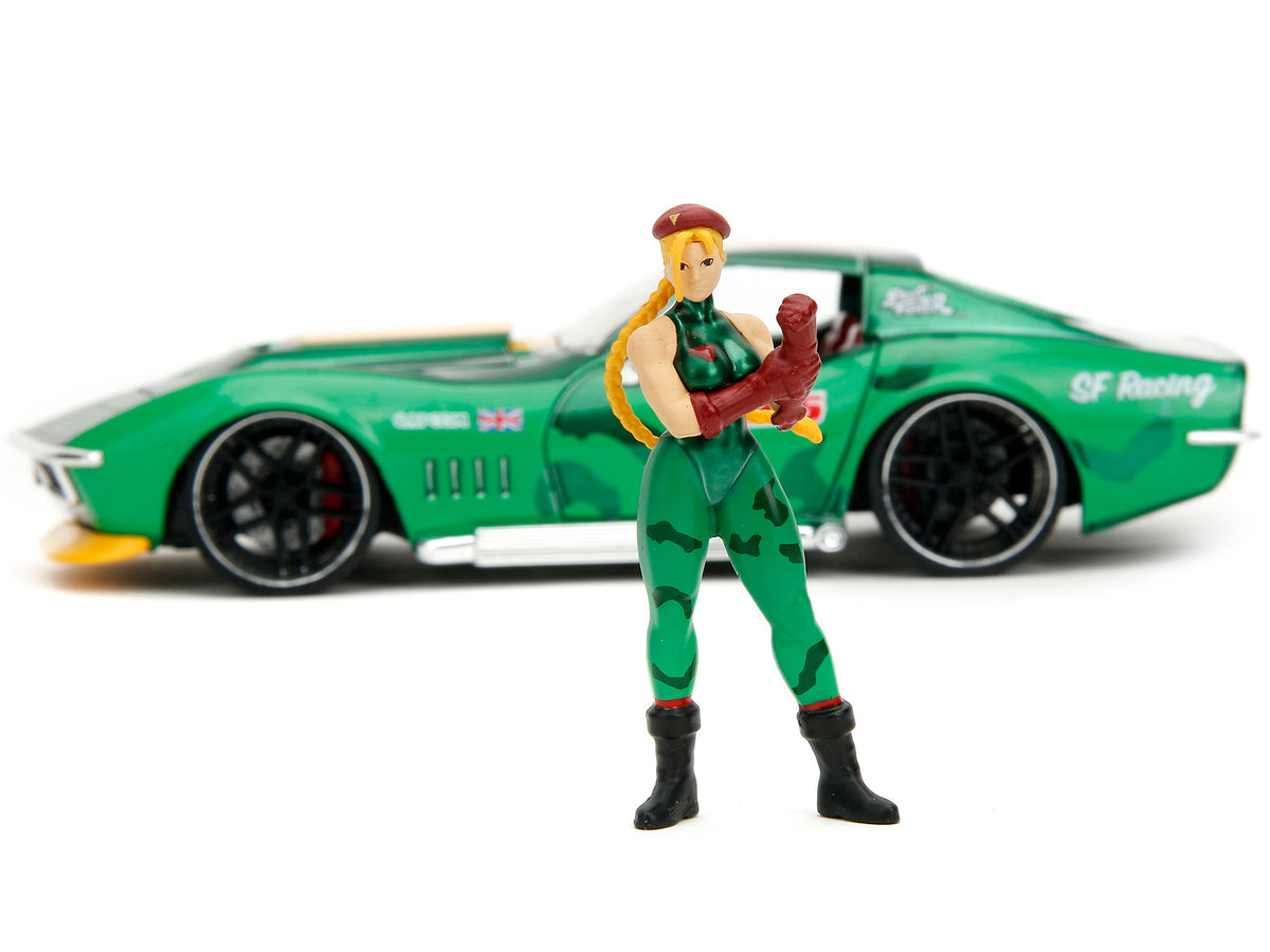 1969 Chevrolet Corvette Stingray ZL1 Green Metallic with Yellow Stripes and Cammy Diecast Figure "Street Fighter" Video Game "Anime Hollywood Rides" Series 1/24 Diecast Model Car