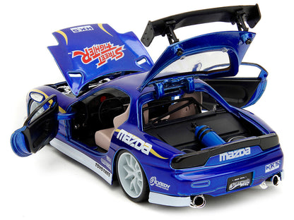 1993 Mazda RX-7 Candy Blue Metallic with Graphics and Chun-Li Diecast Figure "Street Fighter" Video Game "Anime Hollywood Rides" Series 1/24 Diecast Model Car