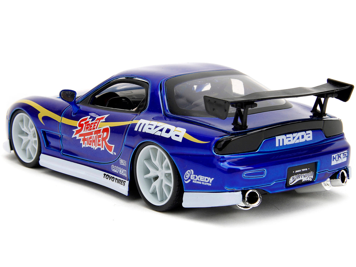 1993 Mazda RX-7 Candy Blue Metallic with Graphics and Chun-Li Diecast Figure "Street Fighter" Video Game "Anime Hollywood Rides" Series 1/24 Diecast Model Car