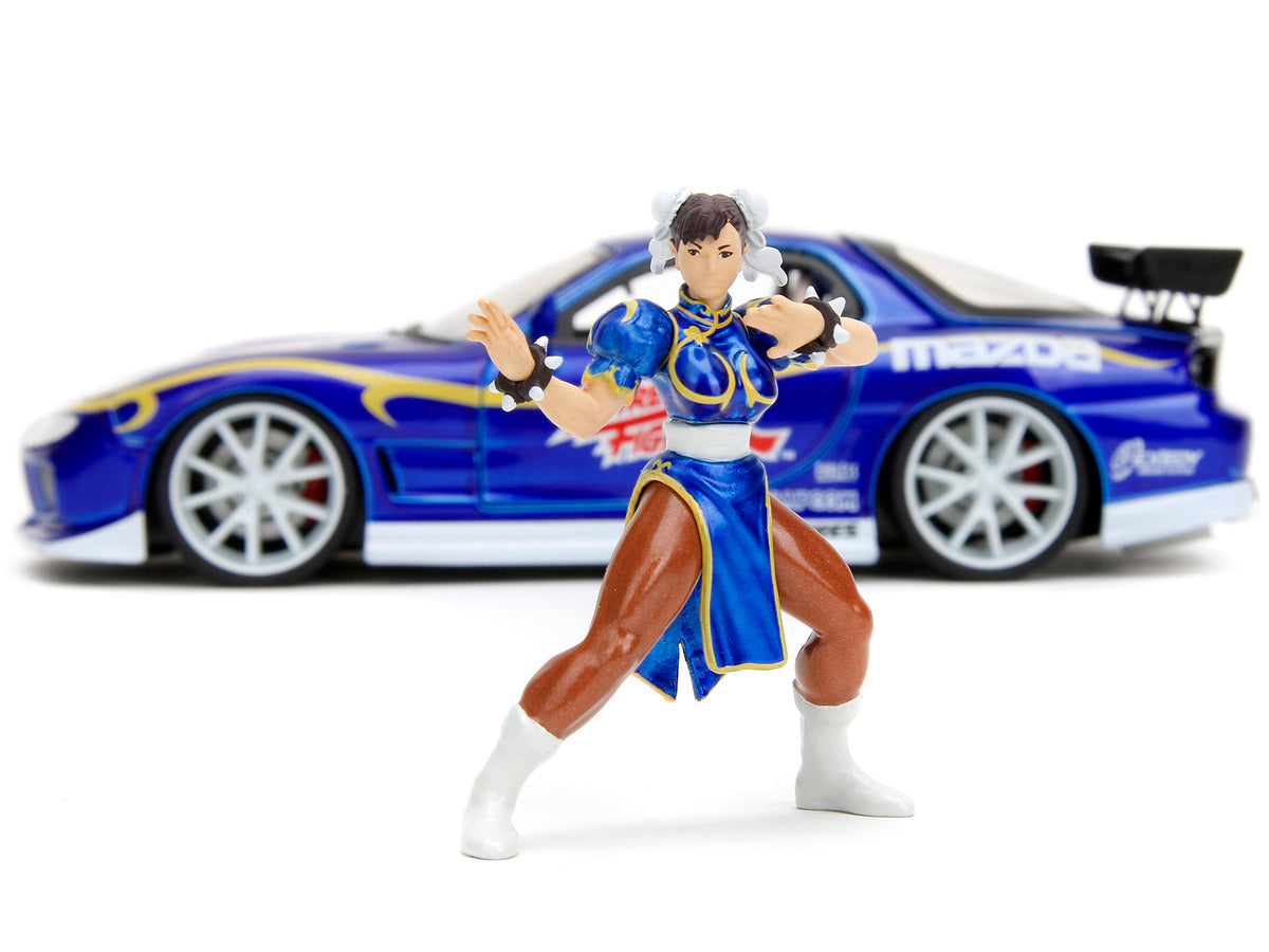 1993 Mazda RX-7 Candy Blue Metallic with Graphics and Chun-Li Diecast Figure "Street Fighter" Video Game "Anime Hollywood Rides" Series 1/24 Diecast Model Car