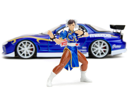 1993 Mazda RX-7 Candy Blue Metallic with Graphics and Chun-Li Diecast Figure "Street Fighter" Video Game "Anime Hollywood Rides" Series 1/24 Diecast Model Car