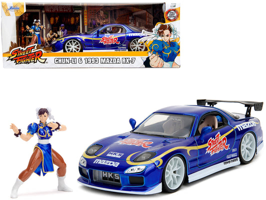 1993 Mazda RX-7 Candy Blue Metallic with Graphics and Chun-Li Diecast Figure "Street Fighter" Video Game "Anime Hollywood Rides" Series 1/24 Diecast Model Car