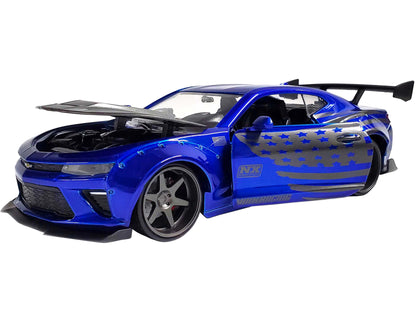 2016 Chevrolet Camaro Widebody Candy Blue with Gray Metallic Hood and American Flag Graphics "Bigtime Muscle" Series 1/24 Diecast Model Car