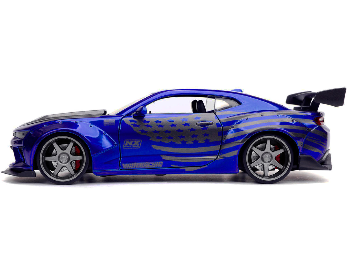 2016 Chevrolet Camaro Widebody Candy Blue with Gray Metallic Hood and American Flag Graphics "Bigtime Muscle" Series 1/24 Diecast Model Car