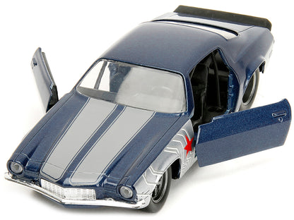 1973 Chevrolet Camaro Dark Blue Metallic with Gray Stripes and Winter Soldier Diecast Figure "Marvel Avengers" "Hollywood Rides" Series 1/32 Diecast Model Car