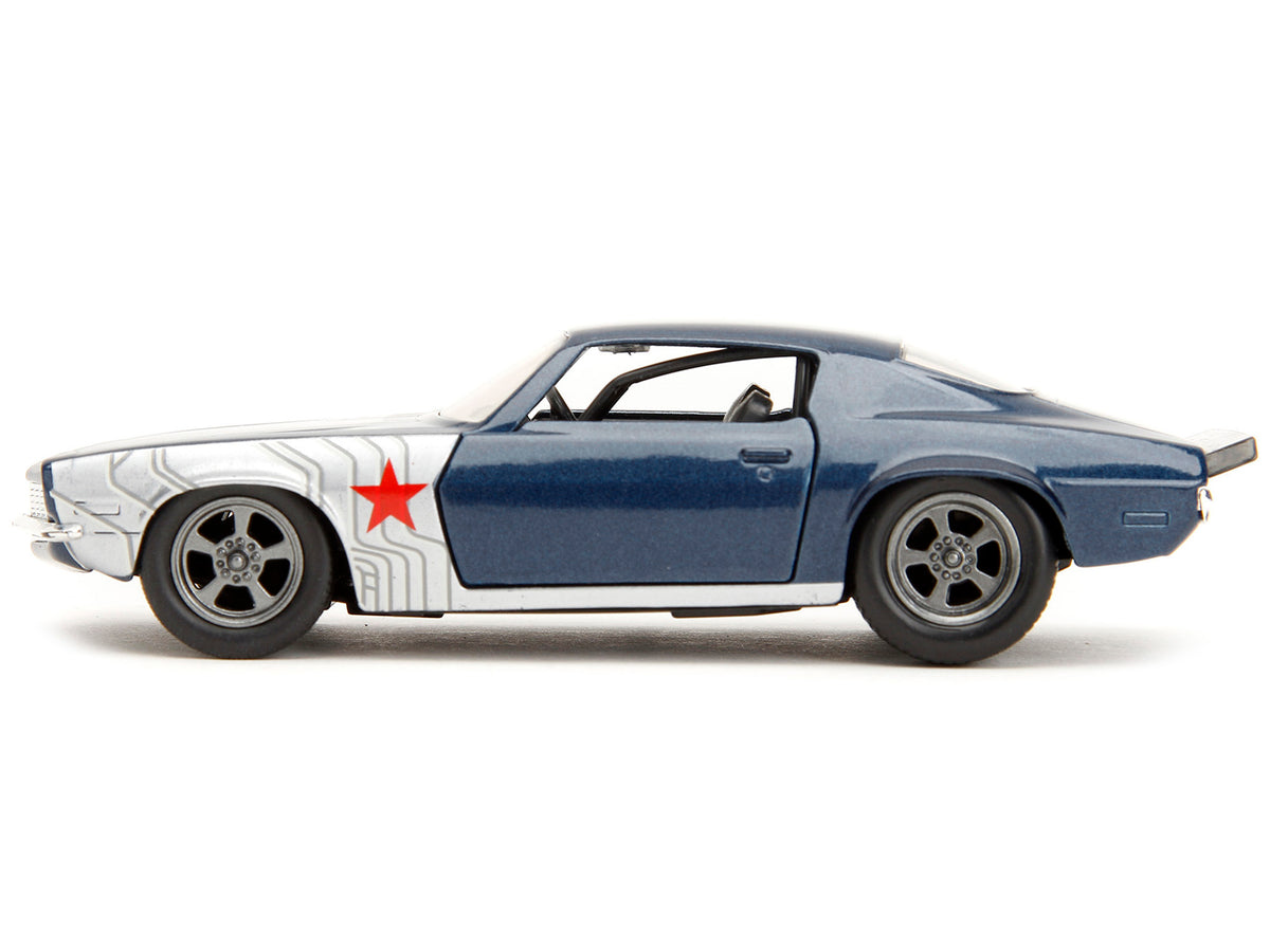 1973 Chevrolet Camaro Dark Blue Metallic with Gray Stripes and Winter Soldier Diecast Figure "Marvel Avengers" "Hollywood Rides" Series 1/32 Diecast Model Car