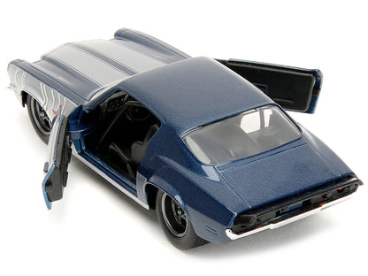 1973 Chevrolet Camaro Dark Blue Metallic with Gray Stripes and Winter Soldier Diecast Figure "Marvel Avengers" "Hollywood Rides" Series 1/32 Diecast Model Car