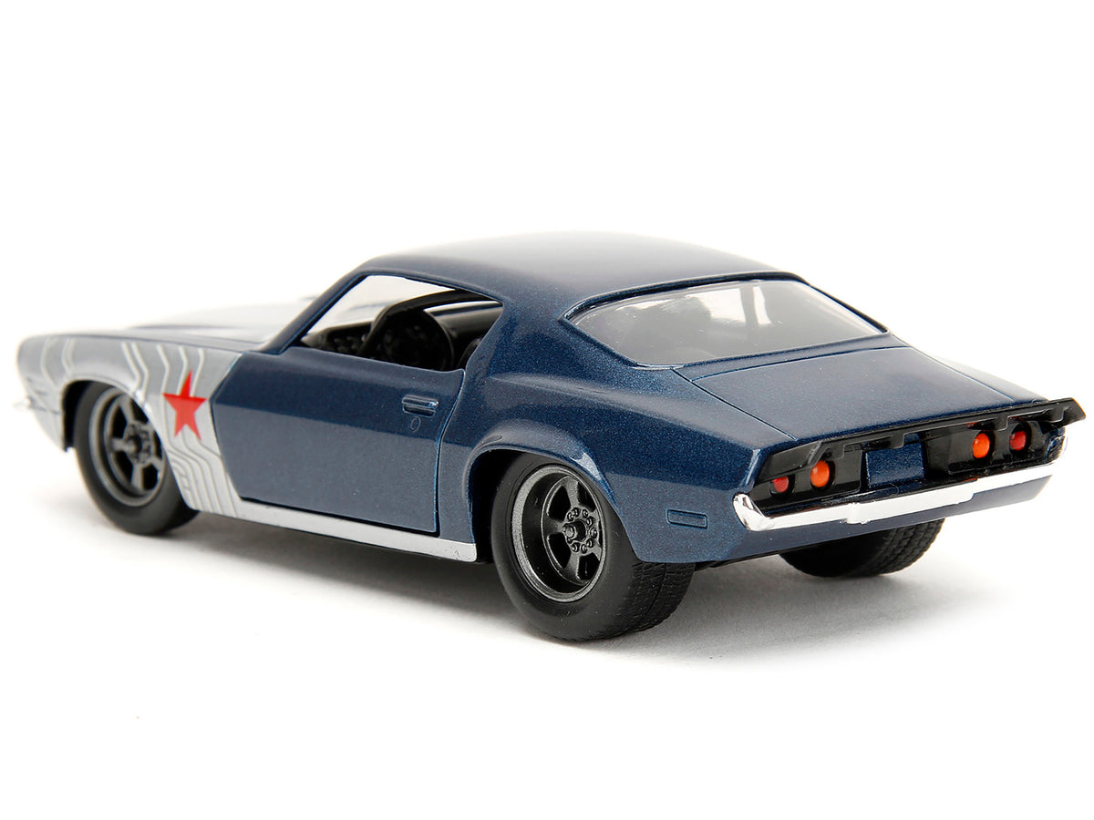 1973 Chevrolet Camaro Dark Blue Metallic with Gray Stripes and Winter Soldier Diecast Figure "Marvel Avengers" "Hollywood Rides" Series 1/32 Diecast Model Car