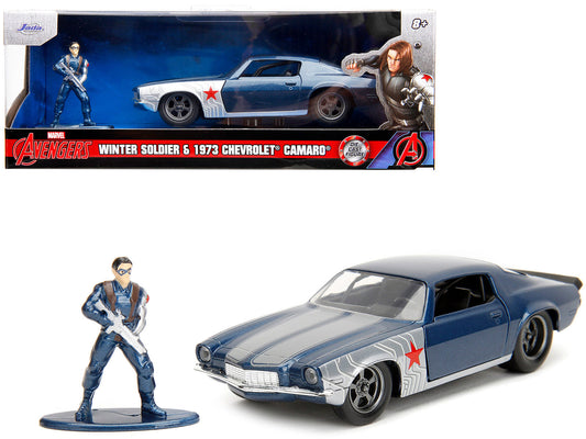 1973 Chevrolet Camaro Dark Blue Metallic with Gray Stripes and Winter Soldier Diecast Figure "Marvel Avengers" "Hollywood Rides" Series 1/32 Diecast Model Car