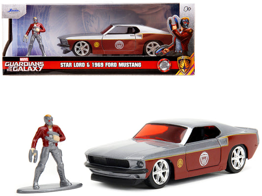 1969 Ford Mustang Silver Metallic and Dark Red and Star Lord Diecast Figure "Marvel Guardians of the Galaxy" "Hollywood Rides" Series 1/32 Diecast Model Car