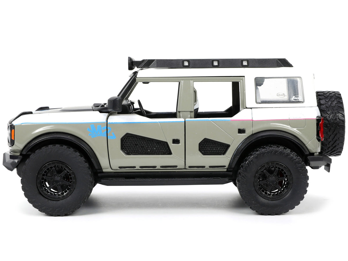 2021 Ford Bronco Gray and White with Matt Black Hood with Roof Rack "M2 Motoring" "Just Trucks" Series 1/24 Diecast Model Car