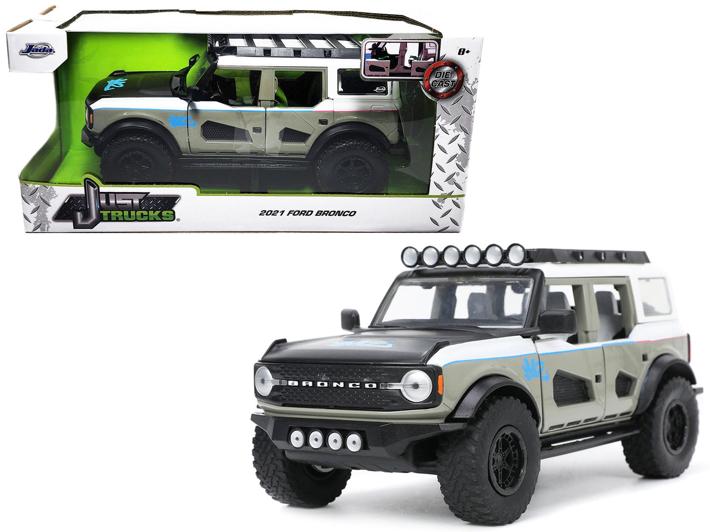 2021 Ford Bronco Gray and White with Matt Black Hood with Roof Rack "M2 Motoring" "Just Trucks" Series 1/24 Diecast Model Car