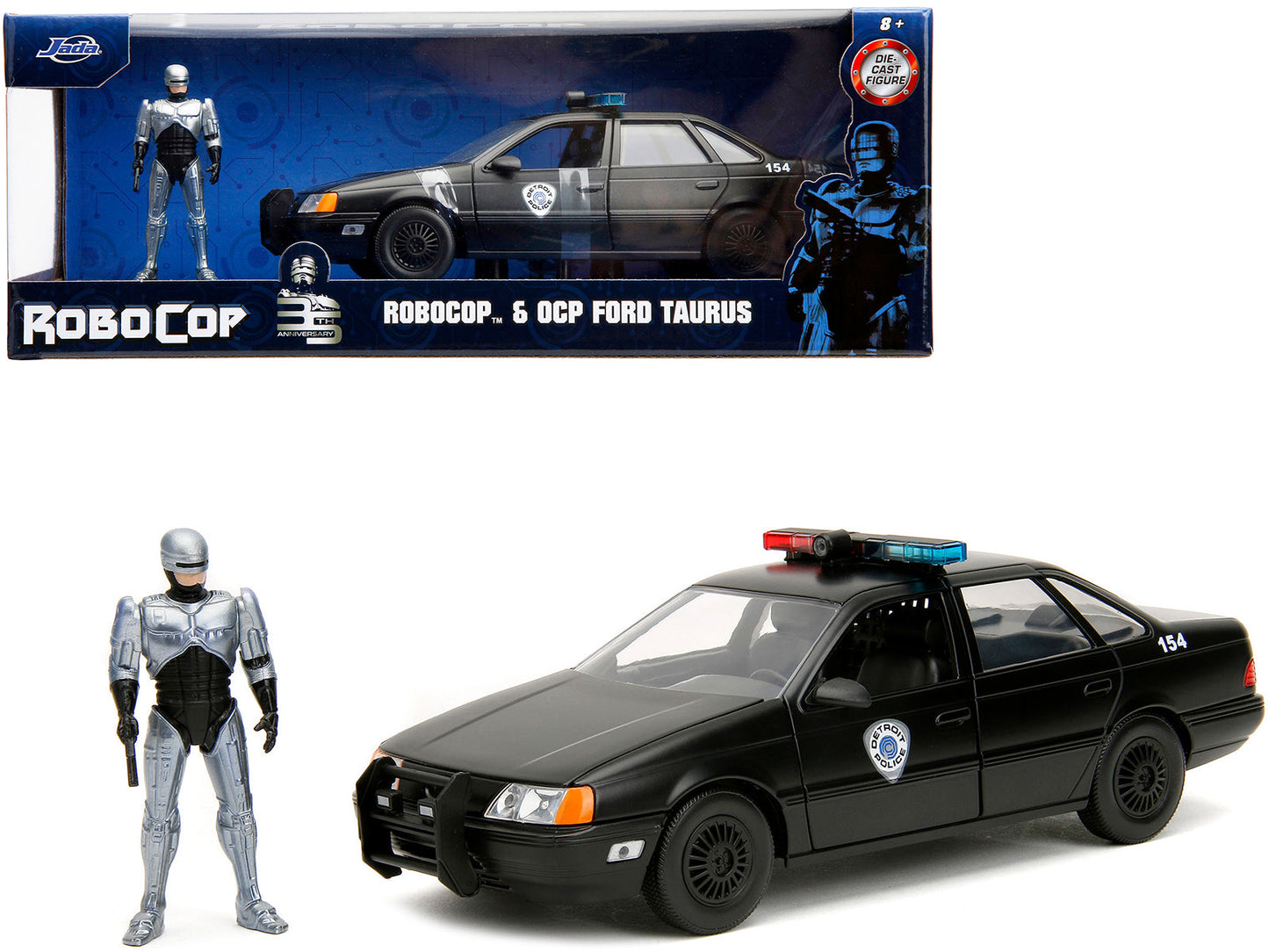 Ford Taurus OCP Matt Black "Detroit Police" and Robocop Diecast Figure 35th Anniversary "Robocop" (1987) Movie "Hollywood Rides" Series 1/24 Diecast Model Car
