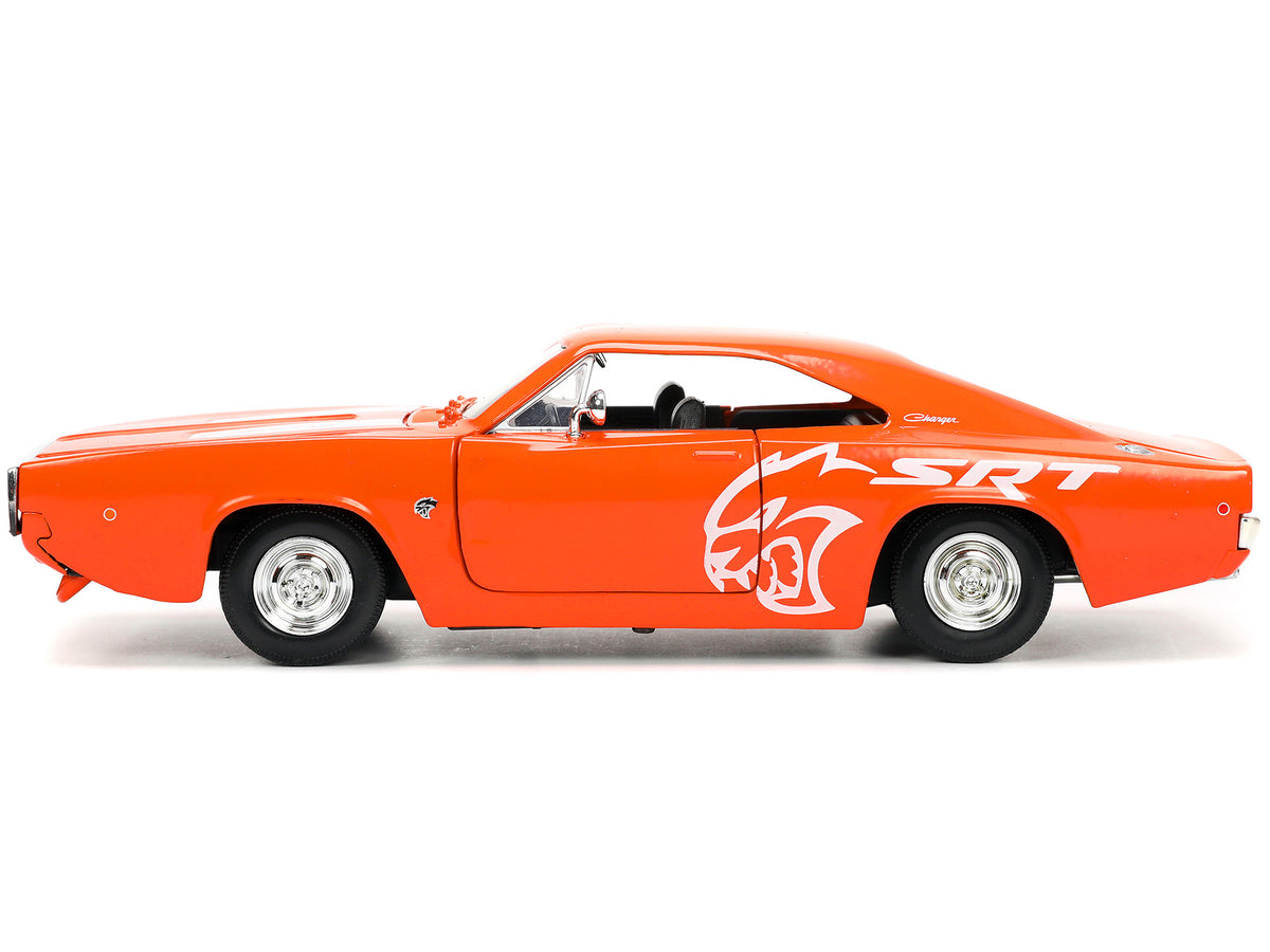 1968 Dodge Charger R/T SRT Orange with White Stripes and Graphics "Bigtime Muscle" Series 1/24 Diecast Model Car