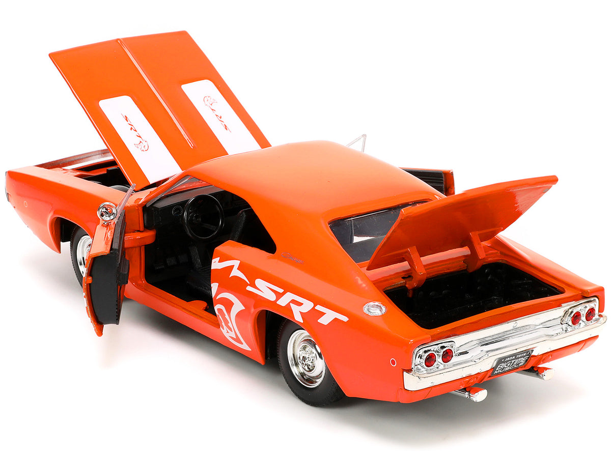 1968 Dodge Charger R/T SRT Orange with White Stripes and Graphics "Bigtime Muscle" Series 1/24 Diecast Model Car