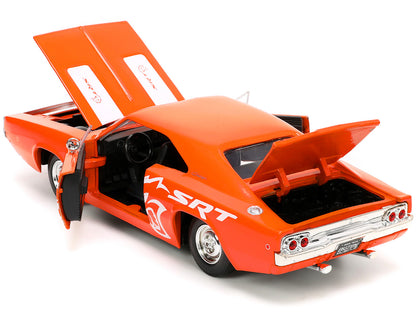 1968 Dodge Charger R/T SRT Orange with White Stripes and Graphics "Bigtime Muscle" Series 1/24 Diecast Model Car