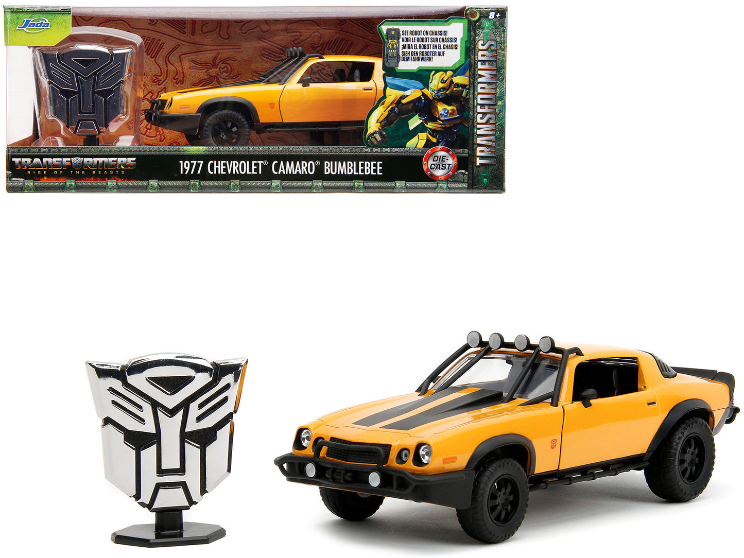 1977 Chevrolet Camaro Off-Road Version "Bumblebee" Yellow Metallic with Black Stripes and Transformers Logo Diecast Statue "Transformers: Rise of the Beasts" (2023) Movie "Hollywood Rides" Series 1/24 Diecast Model Car
