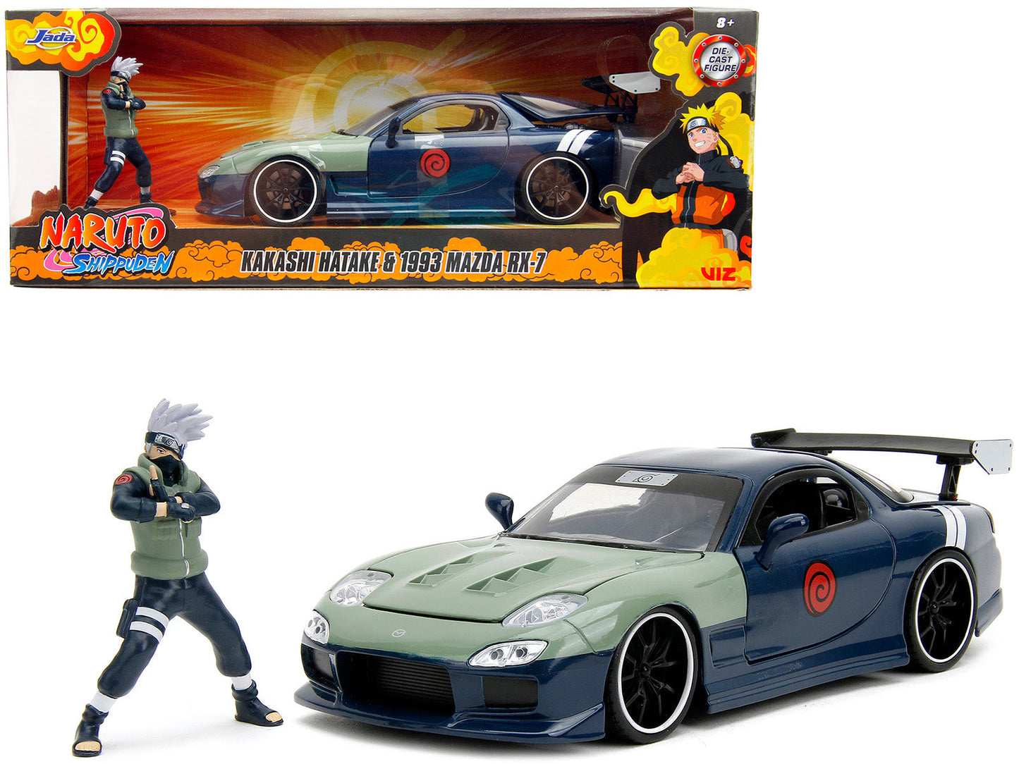 1993 Mazda RX-7 Dark Blue with Green Hood and Kakashi Hatake Diecast Figure "Naruto Shippuden" (2009-2017) TV Series "Anime Hollywood Rides" Series 1/24 Diecast Model Car