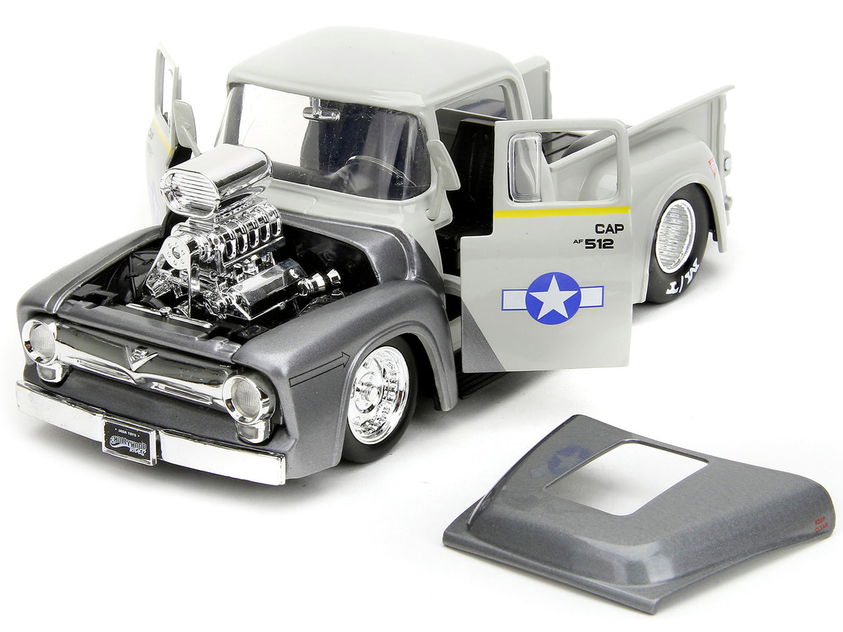 1956 Ford F-100 Pickup Truck Tan and Gray Metallic and Guile Diecast Figure "Street Fighter" Video Game "Anime Hollywood Rides" Series 1/24 Diecast Model Car