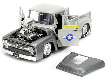 1956 Ford F-100 Pickup Truck Tan and Gray Metallic and Guile Diecast Figure "Street Fighter" Video Game "Anime Hollywood Rides" Series 1/24 Diecast Model Car