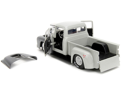 1956 Ford F-100 Pickup Truck Tan and Gray Metallic and Guile Diecast Figure "Street Fighter" Video Game "Anime Hollywood Rides" Series 1/24 Diecast Model Car