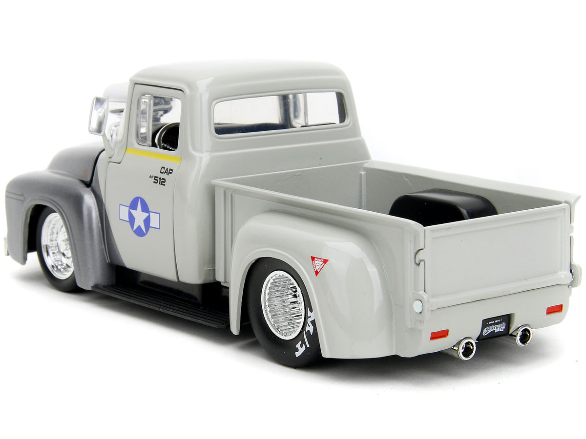 1956 Ford F-100 Pickup Truck Tan and Gray Metallic and Guile Diecast Figure "Street Fighter" Video Game "Anime Hollywood Rides" Series 1/24 Diecast Model Car