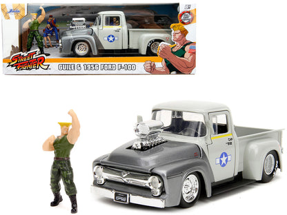 1956 Ford F-100 Pickup Truck Tan and Gray Metallic and Guile Diecast Figure "Street Fighter" Video Game "Anime Hollywood Rides" Series 1/24 Diecast Model Car
