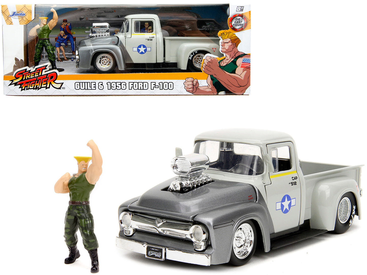 1956 Ford F-100 Pickup Truck Tan and Gray Metallic and Guile Diecast Figure "Street Fighter" Video Game "Anime Hollywood Rides" Series 1/24 Diecast Model Car