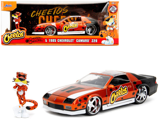 1985 Chevrolet Camaro Z/28 Orange Metallic with Graphics and Chester Cheetah Diecast Figure "Cheetos" "Hollywood Rides" Series 1/24 Diecast Model Car