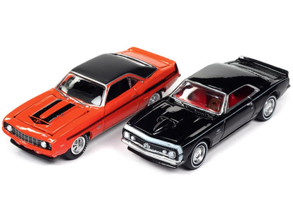 1969 Chevrolet Camaro Hugger Orange with Black Top and Stripes and 1967 Chevrolet Camaro Black with White Stripe and Red Interior "Yenko" Series Set of 2 Cars 1/64 Diecast Model Cars