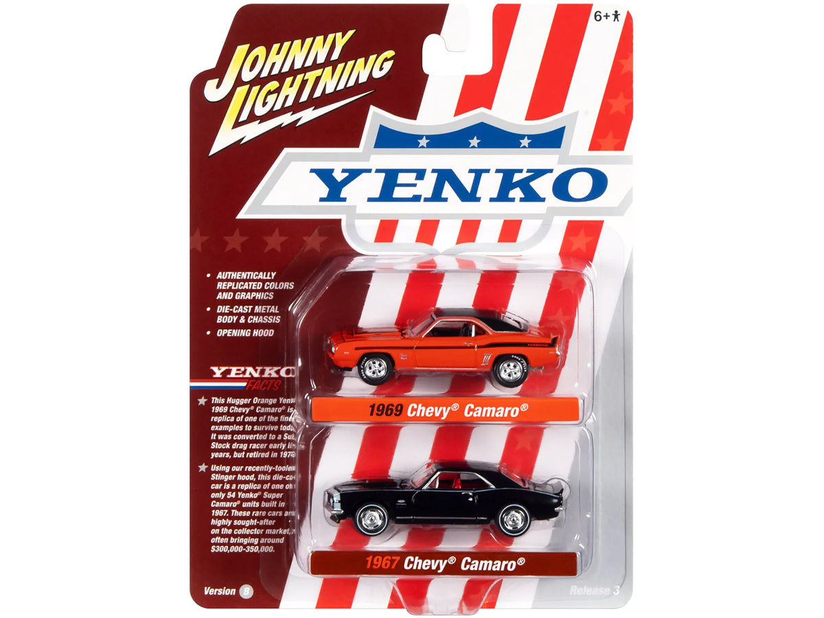 1969 Chevrolet Camaro Hugger Orange with Black Top and Stripes and 1967 Chevrolet Camaro Black with White Stripe and Red Interior "Yenko" Series Set of 2 Cars 1/64 Diecast Model Cars