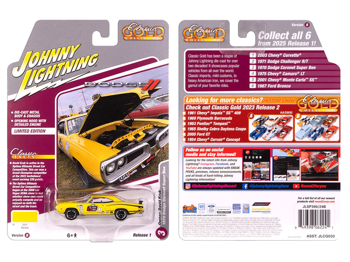 1970 Dodge Coronet Super Bee #1 "David Kruk" Banana Yellow with Black Stripes and Top "Classic Gold Collection" 1/64 Diecast Model Car