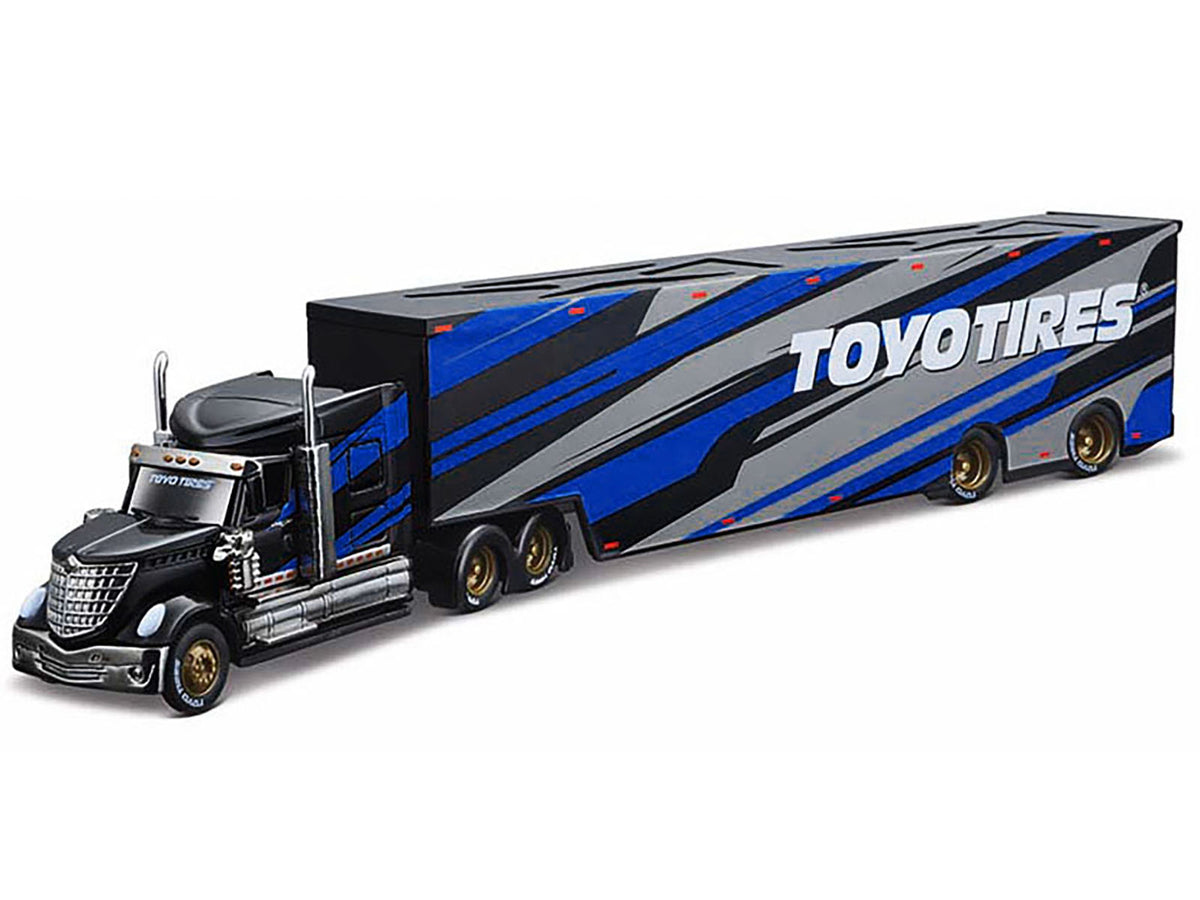 International LoneStar Enclosed Car Transporter "Toyo Tires" Black with Blue and Gray Stripes "Custom Haulers" Series 1/64 Diecast Model
