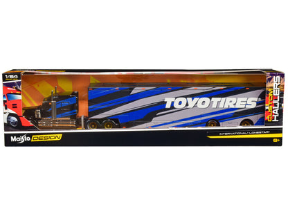 International LoneStar Enclosed Car Transporter "Toyo Tires" Black with Blue and Gray Stripes "Custom Haulers" Series 1/64 Diecast Model