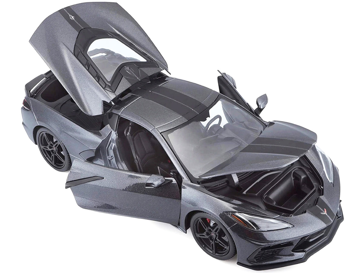 2020 Chevrolet Corvette Stingray C8 Dark Gray Metallic with Racing Stripes 1/18 Diecast Model Car