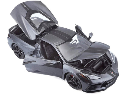 2020 Chevrolet Corvette Stingray C8 Dark Gray Metallic with Racing Stripes 1/18 Diecast Model Car